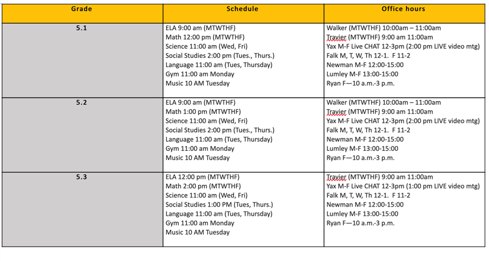 Schedules for 5th Grade